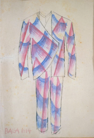 A men's suit with wild lines of light pink and blue running through it. One side of the jacket is longer than the other, making it asymmetrical