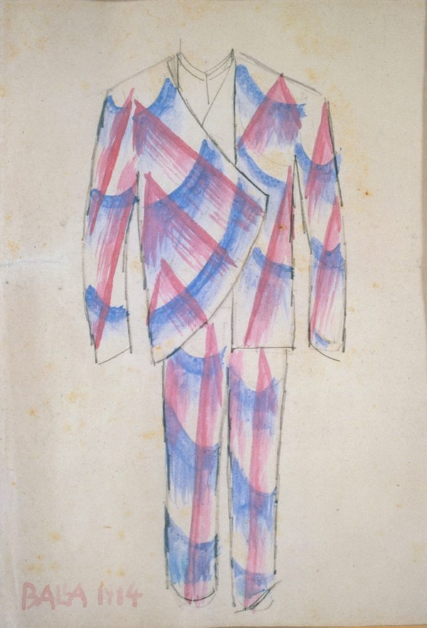 A men's suit with wild lines of light pink and blue running through it. One side of the jacket is longer than the other, making it asymmetrical