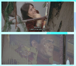 Two widescreen screenshots. In the first, a young Ishikawa Sayuri, seen outside the window of a truck, has a pleading look on her face. The subtitle reads 'Momojiro, I want to be your wife.' In the second, a man with a stern look on his face looks off the screen.